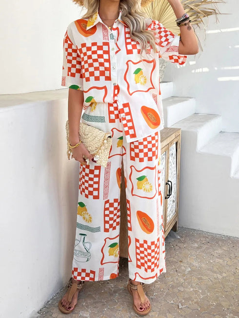 'Splendory' Collared Print Top and Pants Set - Celes Fashion